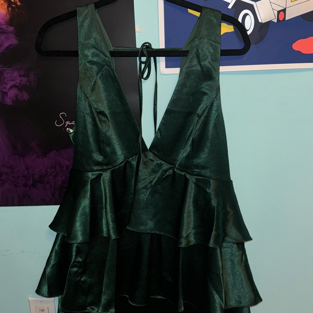 Tiers of Joy Emerald Green Satin Tie-Back Tiered Mini Dress! #LULUS #Emerald